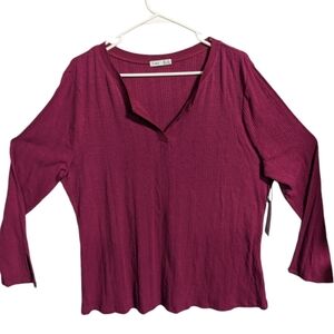 Dex  Women's V Neck Long Sleeve Ribbed Top 2X burgundy relaxed fit w-213